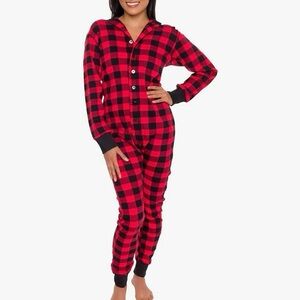 Silver Lilly  SLIM fit  L Red Black Plaid Adult One piece Butt flap pajamas NWT